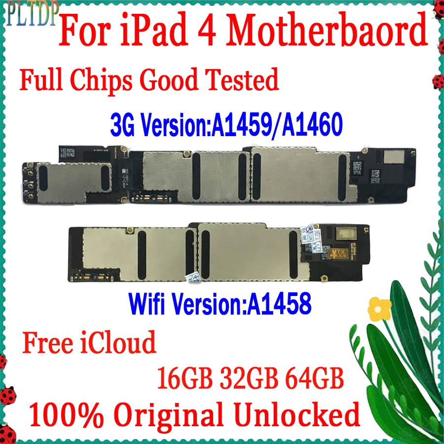 

100% Original Unlocked Free ICloud Mainboard For IPad 4 A1458 Wifi & A1459/A1460 3G Version Motherboard Full Working Logic Board