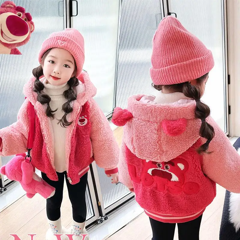 

New Disney Lotso Thick Warm Plush Hooded Jacket Kawaii Stellalou Girls Autumn Winter Coat Kids Cartoon Outing Clothes Warm Top
