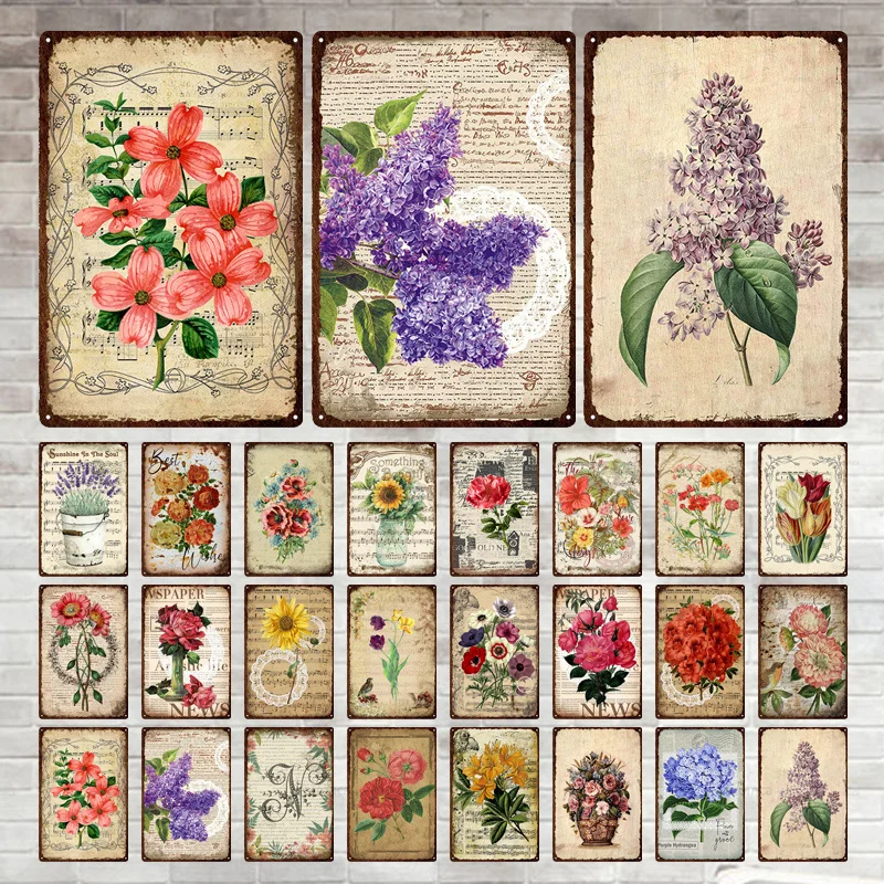 

Vintage Metal Poster Tin Sign Plate Flowers Sheet Music Metal Plaque Wall Decor Iron Painting for Farm Garden Home Hotel