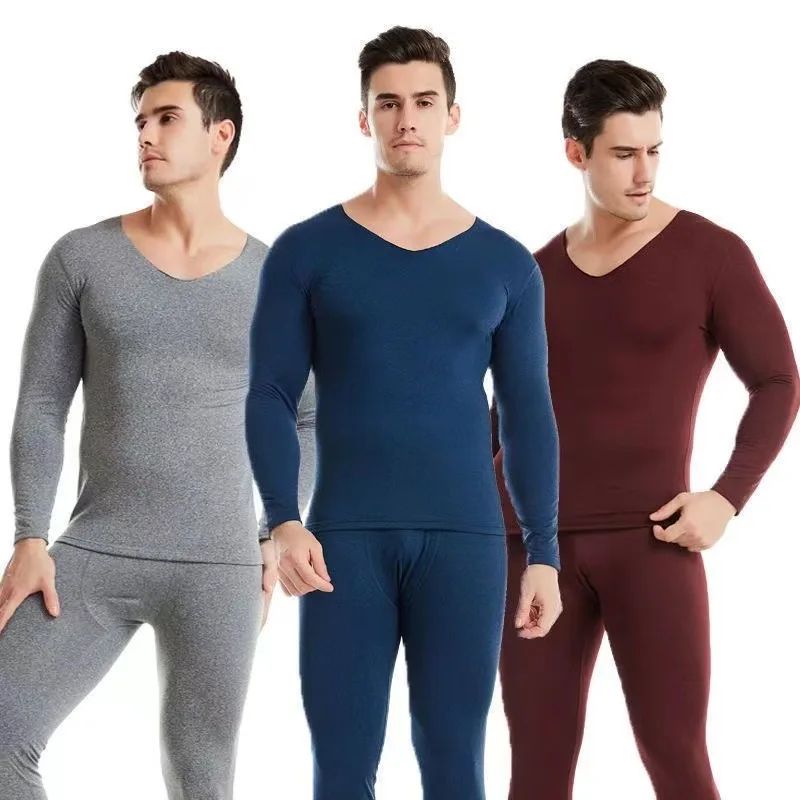 

2023 Autumn/Winter Men's V-neck Plush Thermal Underwear Set Long Johns 2pcsTop+pant Fashion Thermal Underwear Men