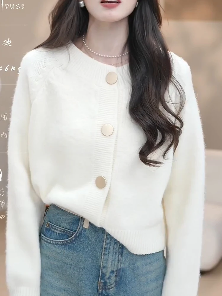 Plus Size Simple Commuter Elegant Sle Fashion Top Autumn 2024 White Long sleeve Knit cardigan Short Outerwear