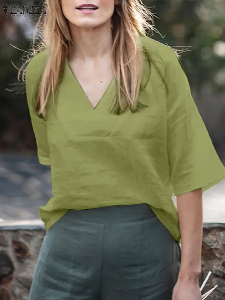 

Элегантные женские топы ZANZEA, однотонная блузка, летняя хлопковая рубашка с коротким рукавом и V-образным вырезом, женские модные повседневн...