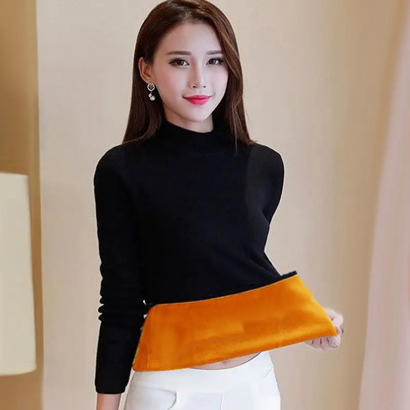

Black Plus Velvet Thick Bottoming Shirt Women's Winter All-match Self-heating Thermal Top Thermal Underwear