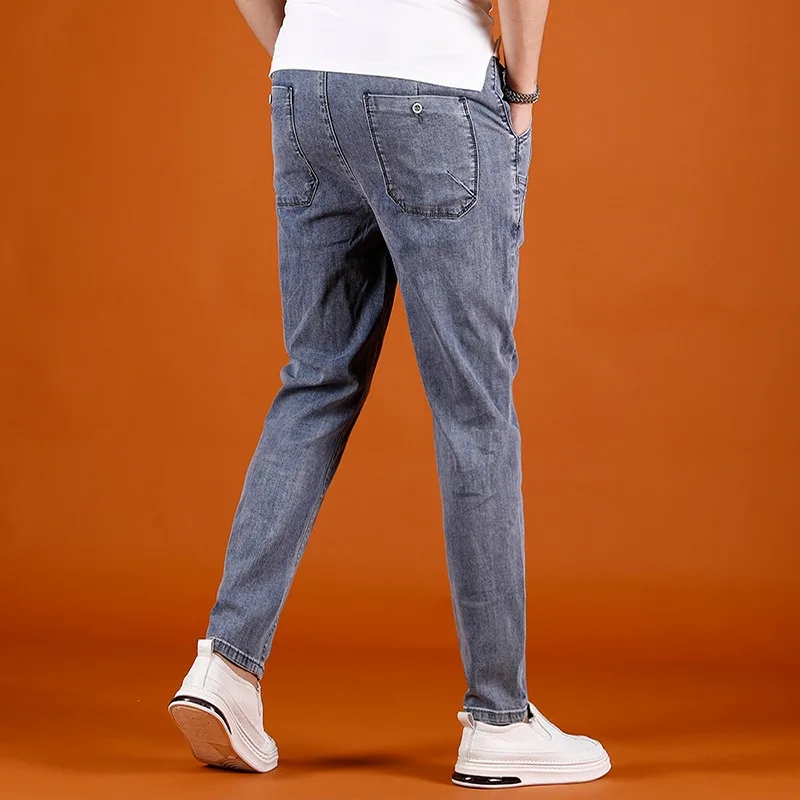 Summer Elastic Waist Jeans Men Streetwear Casual Light Blue Slim Fit Denim Pants