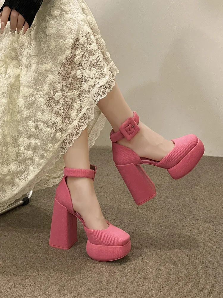 

Pink Thick-heeled Mary Jane High-heeled Shoes One-word Buckle Single Shoes 2023 Platform Summer New French Wrap-heel Dress Shoes