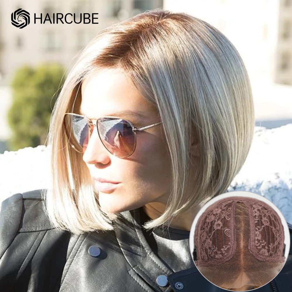 HAIRCUBE Women's Blonde Human Hair Wig with Highlights Blonde Short Bob Wig with Brown Root 13*1 Lace Front Wigs for White Women