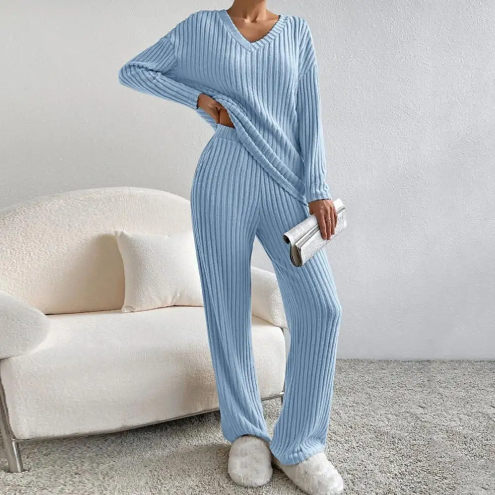 

Fall Pajama Set Cozy Knitted Sweater Pants Set Stylish V Neck Loose Fit Elastic Waist Pockets Homewear for Fall/winter Elastic