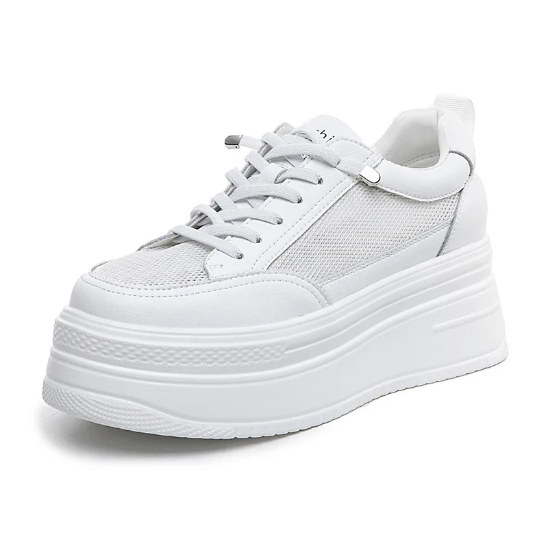 

7cm Air Mesh Genuine Leather White Sneakers Platform Shoes Wedge High Heel for Women Summer Shoes Fashion Sneakers Hollow C1-17