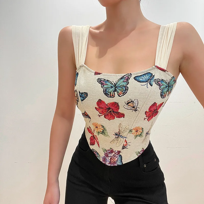 

Jacquard Stitched Mesh Waist Top Summer Dress Women's Printed Suspender Vest Cropped Y2k Accessories Angels Fashion Elegantes