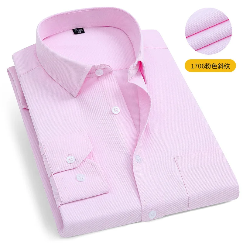 Spring and Autumn Men's Shirt Striped Cotton Long Sleeve New Business Casual Solid Color Free Ironing Anti-Wrinkle Slim Shirt