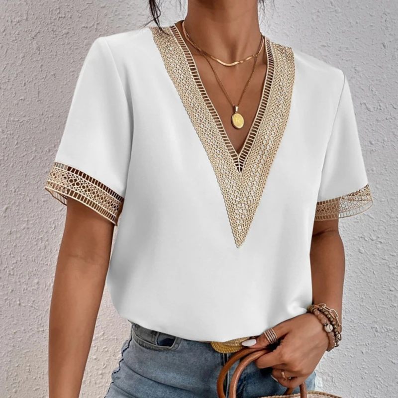 

Women's V-neck Splicing Lace Blouse Elegant Commuter Loose Short Sleeve Shirt Female 2023 Summer British Style Daily Casual Tops