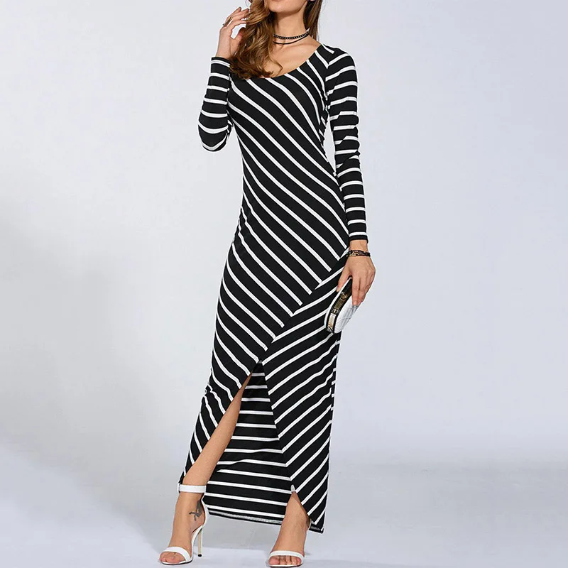 

Plus Size S-5XL Crew Neck Striped Maxi Dress Elegant Office Lady Casual Long Sleeve Bodycon Side Split Dresses Women Spring Fall