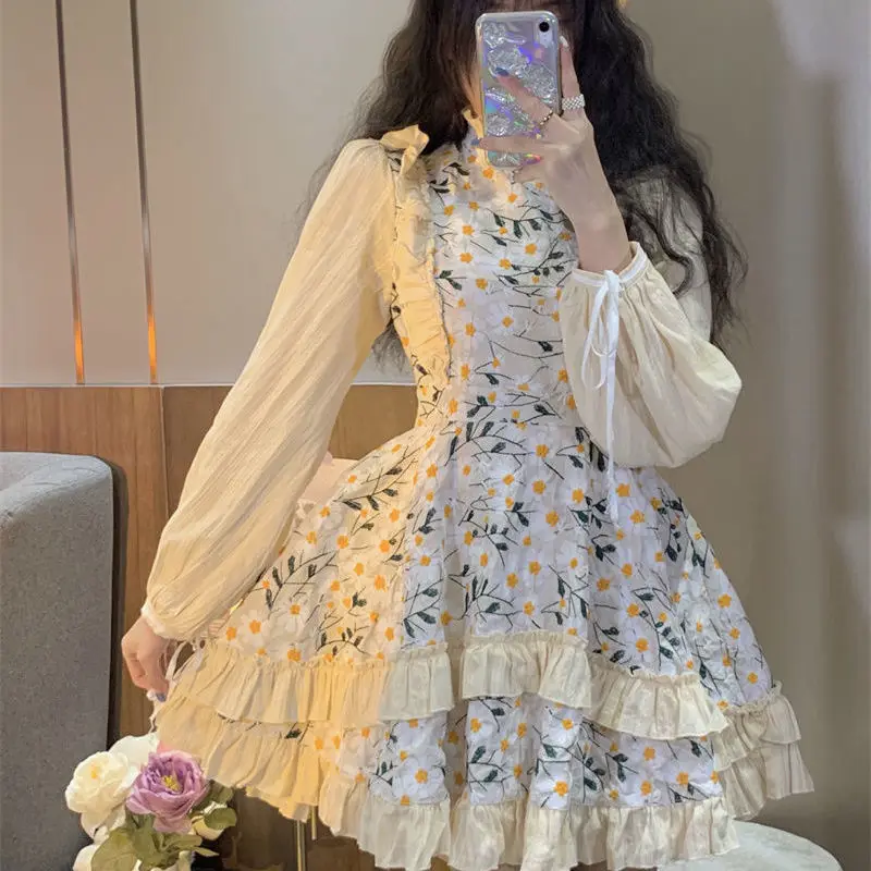 

Lolita Kawaii Dress Female Floral Patchwork Retro Party Mini Dress Female Printing Korean Fashion Y2K Retro Dress 2022 New Dress