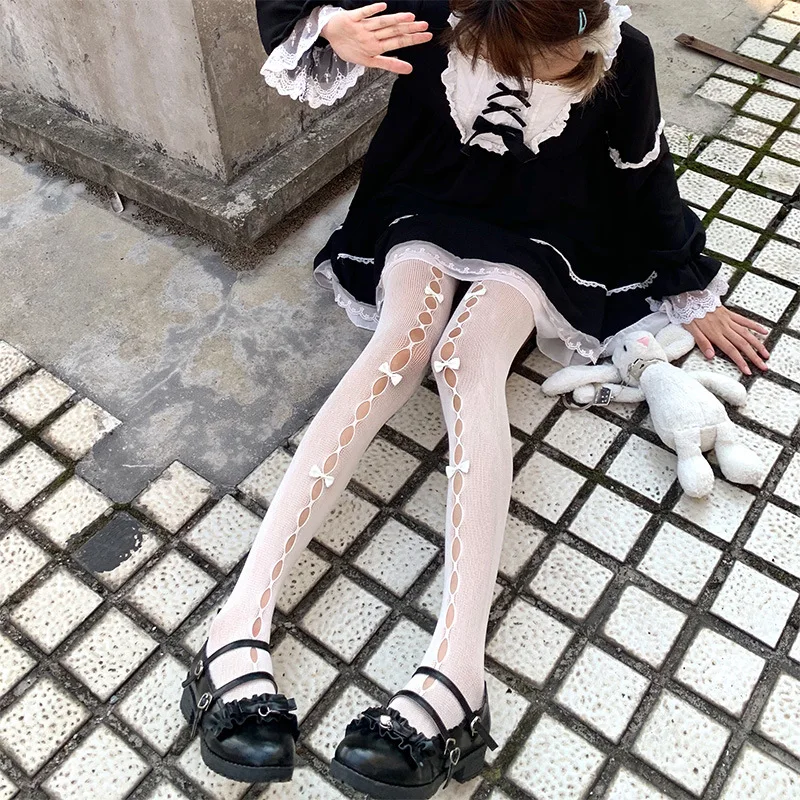 Japanese Lolita Kawaii Women Stockings Hollow Out Hole Fishnet Pantyhose Sweet Handmade Bowknot socks Stretch Tights Stockings