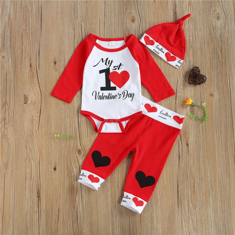 

Newborn's Valentine's Day Three Piece Set Infant's Heart Printed Romper Elastic Waist Pants Hat for Boys