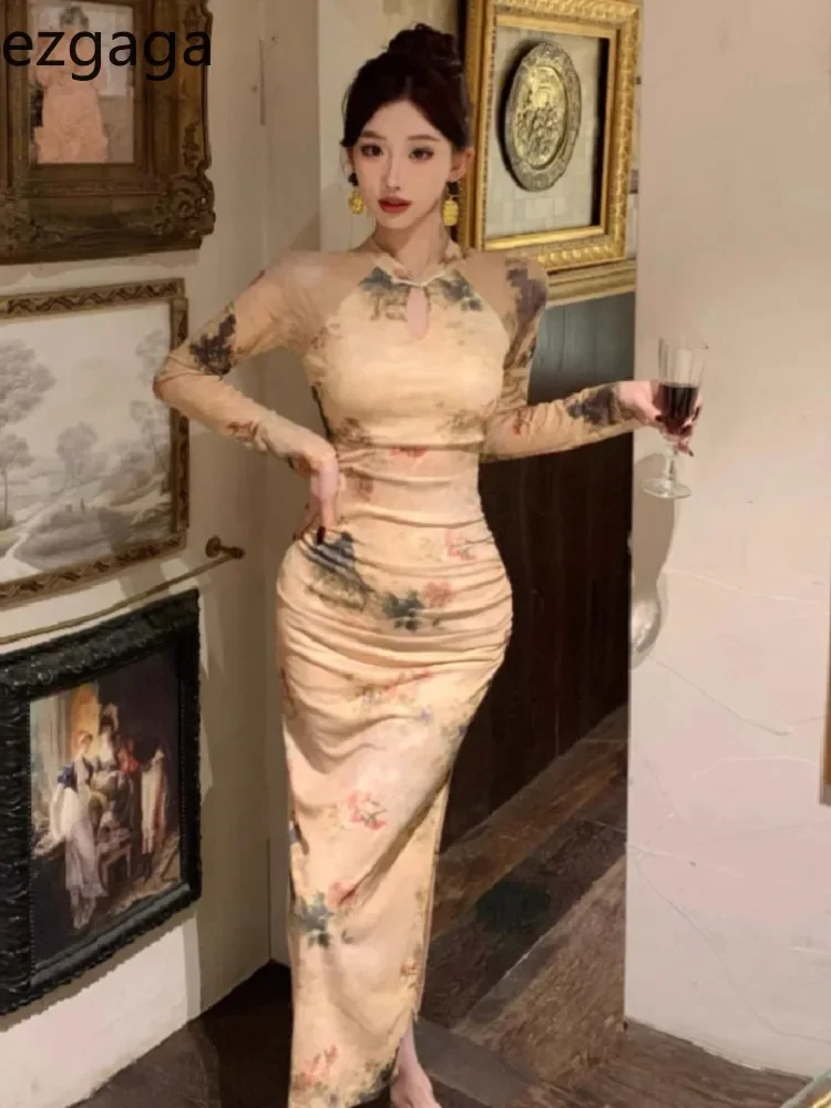 Ezgaga платья женские модные сексуальные сетчатые с цветочным принтом и разрезом
