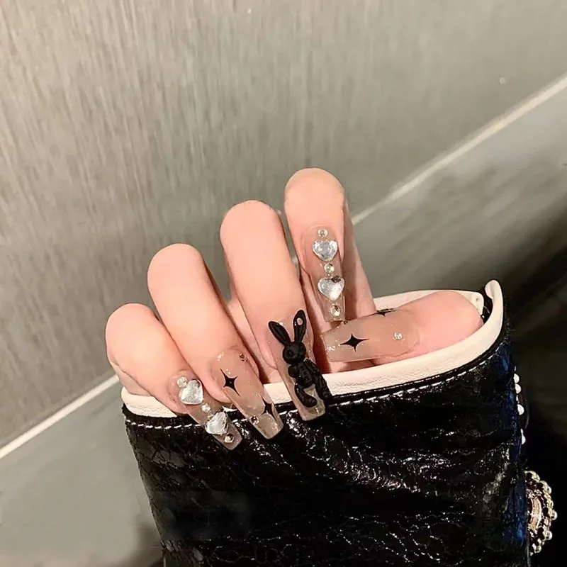 

24pcs Artificial Nails Rabbit Rhinestones Full Cover Nail Tips Shiny Diy Nail Decorations Press On Nail Tips False Nail Patches