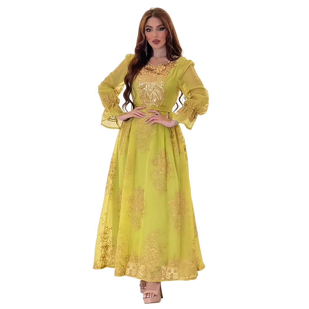 

Abaya Dress 2023 Summer Elegant Muslim Women Long Sleeve V-neck Polyester Sequined Green Yellow Blue Long Dress Muslim Abaya