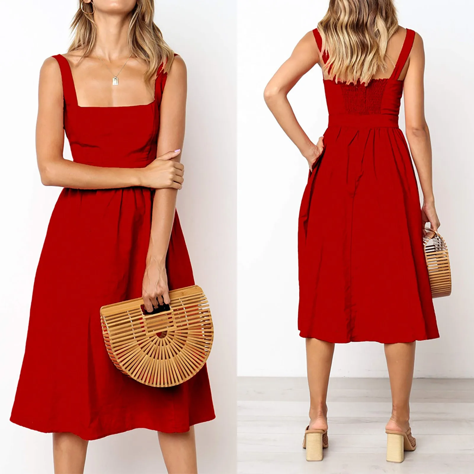 Women Sexy Backless A-line Dresses 2023 Fashion Spaghetti Strap Summer Beach Dress Casual Solid Sling Midi Dress Red Vestidos