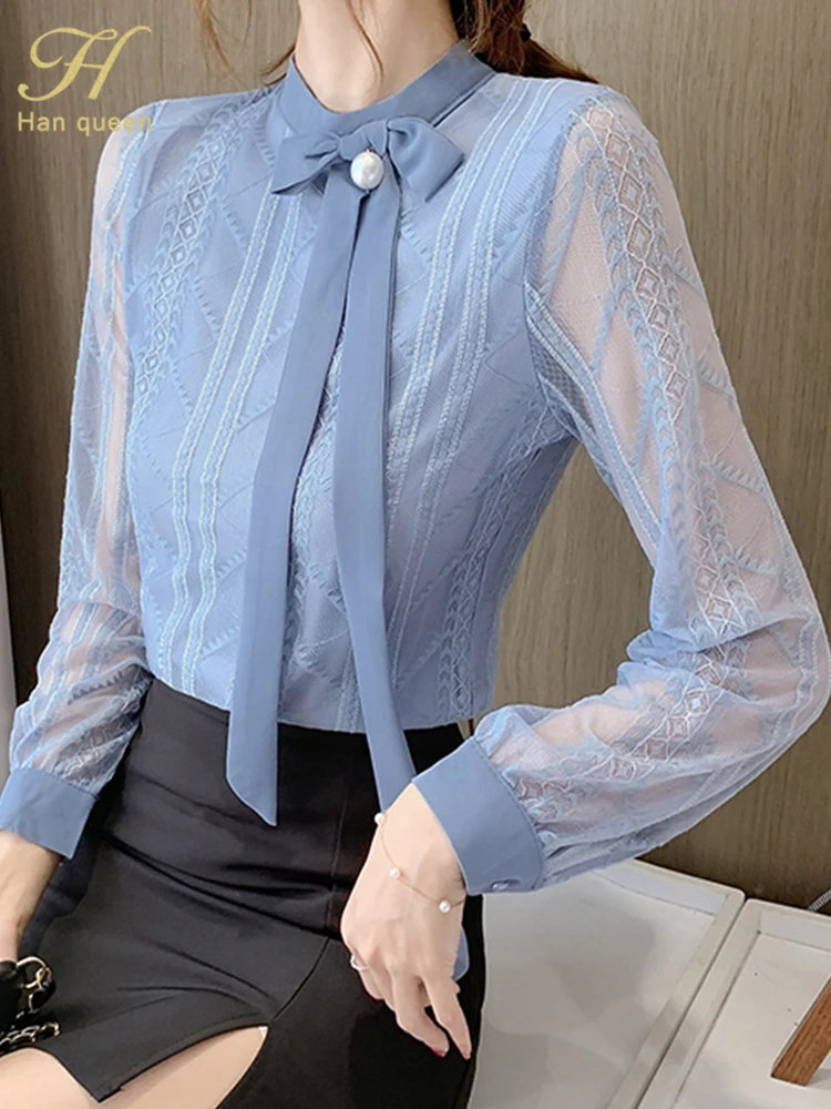 

H Han Queen New Lace Women Blouses Lace-up Loose Shirt Simple Basic Top Work Casual Vintage Blouse Korean Hollow Out Women Blusa
