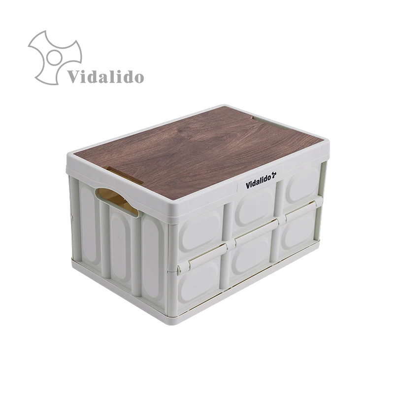 

Vidalido PP Folding Storage Box Portable Outdoor Camping Tent Tableware Carton with Wood Cover Foldable Tourist Picnic Quipment