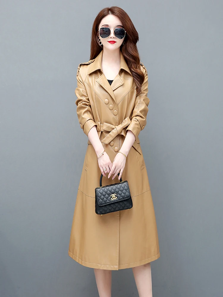 Women SheepSkin Long Trench Coat 2022 Spring Autumn Turn Down Collar Women Clothes Slim Fashion Full Sleeve Leather Belt Trench
