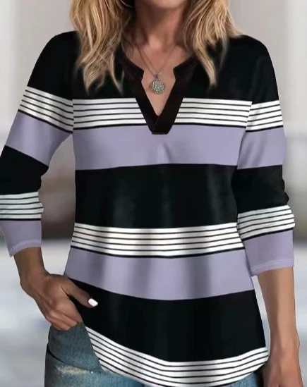 

Women's 2023 New Hot Selling Casual Stripe V-Neck Long Sleeve Top T-Shirt In Stock