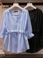 elegance office pleated ruffles lace up blouse women summer classic half sleeve v neck loose fashion solid color chiffon shirt