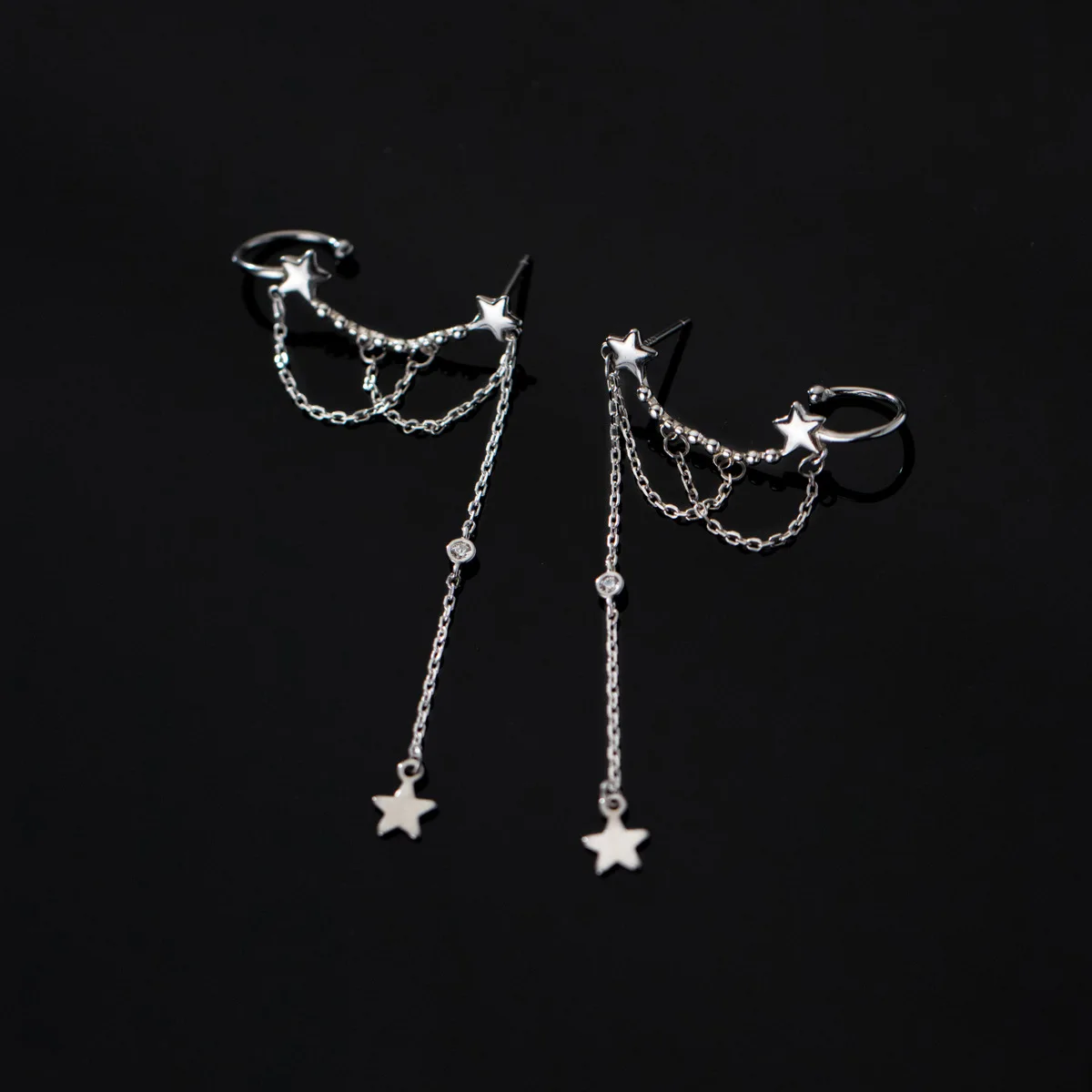 

Real 925 Sterling Silver Star Long Chain Tassel Earrings Pierced Ear Cuffs Drop Earring Hypoallergenic Jewelry for Women