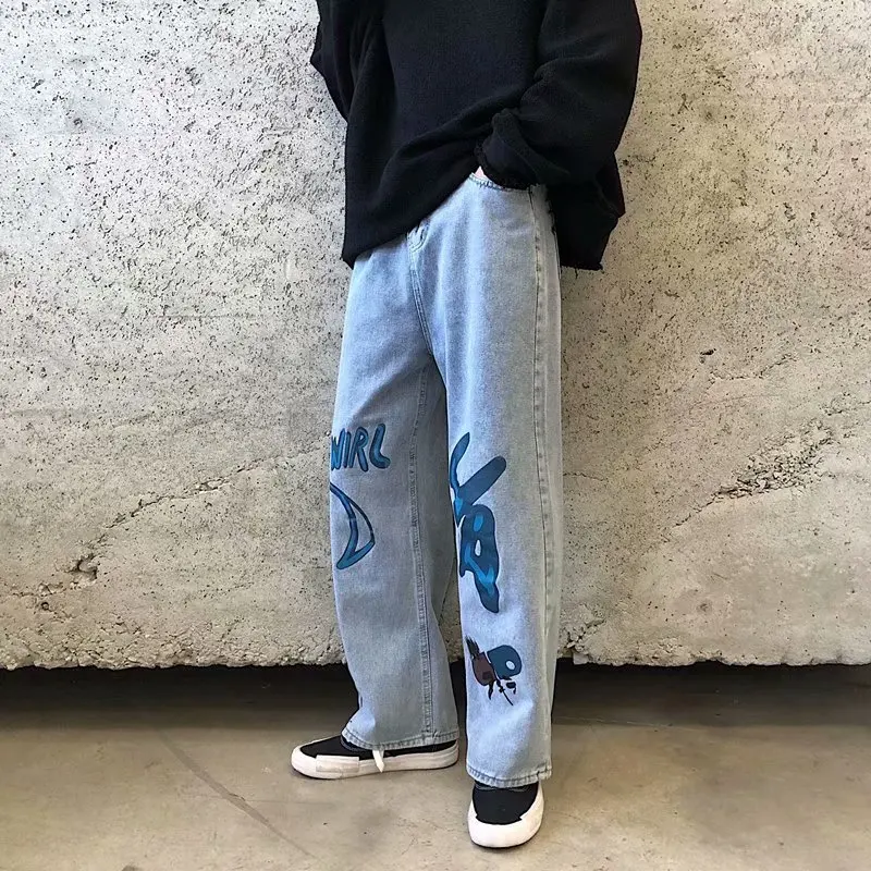 2022 New Arrivals Graffiti Hip Hop Men Straight Jeans Trousers Streetwear Male Casual Baggy Denim Pants Korean Style Pantalones