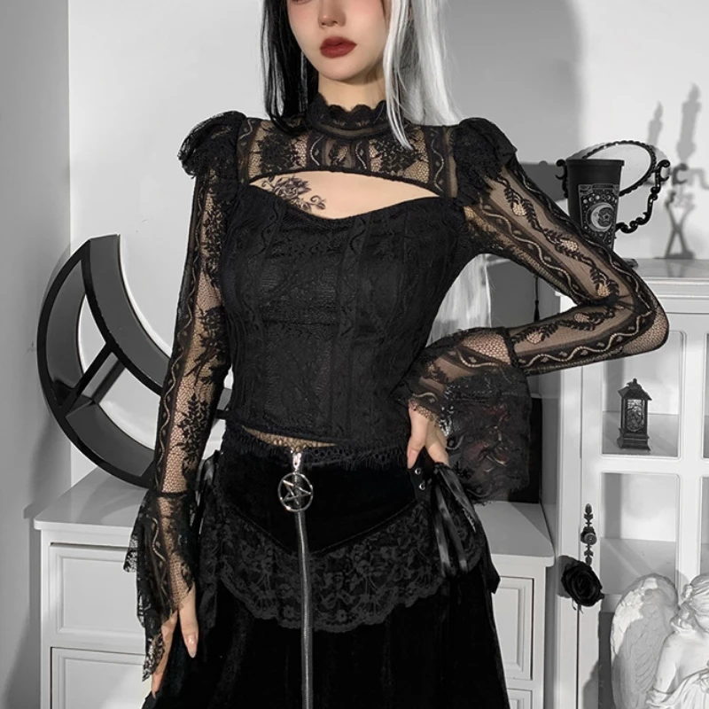 

Goth Sexy Lace Hollowed out sexy Long Sleeve Sweatshirts Women Vintage Flower Goth Streetwear Party Elegant Tops women shirt