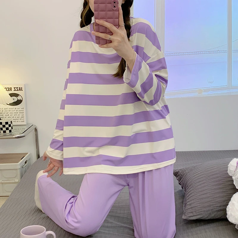 CAIYIER 2023 Soft Sleepwear Sweet Stripe Pajamas Set Long Sleeve Long Pants Kawaii Nightwear Winter Leisure Girl Pijamas mujur