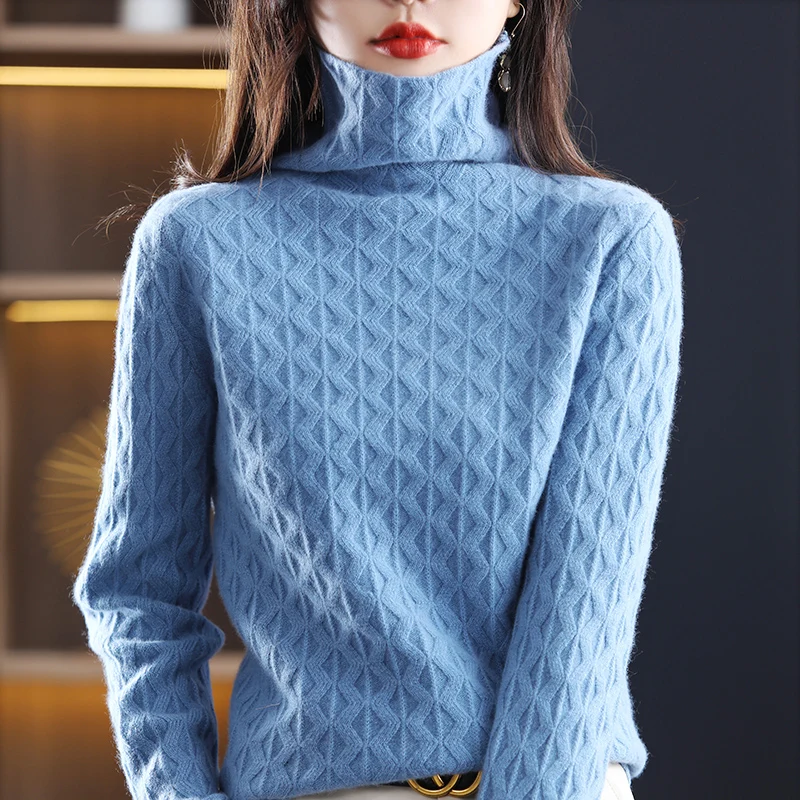 

Женский Повседневный свитер свободного покроя, пуловер из 100% чистой шерсти, топы спереди, толстая кашемировая блузка с высоким воротником, лидер продаж, зима/осень