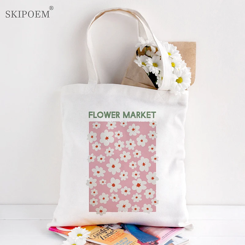 

Холщовая вместительная сумка-тоут для женщин, повседневная винтажная школьная Сумочка с цветочным принтом в стиле Харадзюку, цвет белый