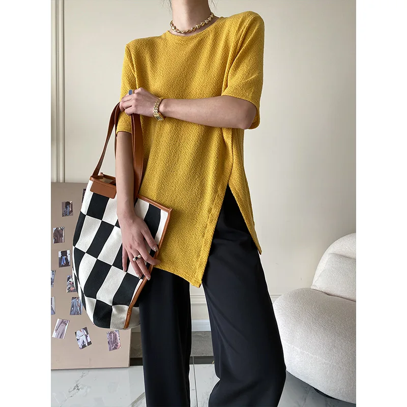 

2022 Spring and Summer New Irregular Split Loose Five Points Solid Color All-match Niche Round Neck Short-sleeved T-shirt