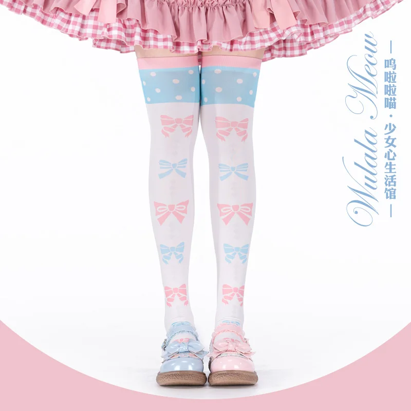 

Original Design Blue Pink Bows Cute Girl Women's Lolita Over-knee Stockings 120D Velvet Thigh High Long Stockings