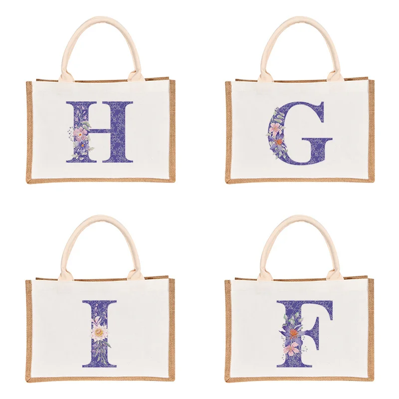 

Purple Letter Print Women Linen Luxury Tote Large Capacity Female Casual Shoulder Bag Lady Daily Handbag Beach Shopping Bag