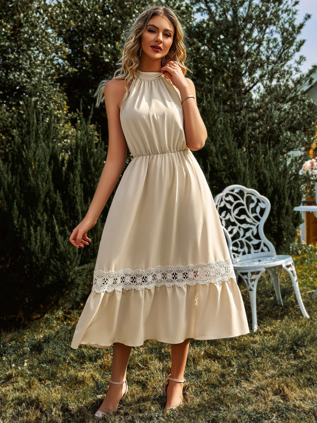 

Женское однотонное платье до середины икры, повседневное милое удобное платье с кружевом и круглым вырезом, размеры до XL, лето-осень
