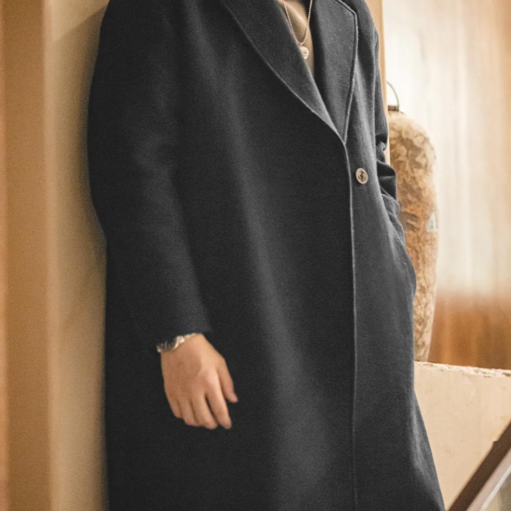 Maden Мужское ретро черное пальто из плотной шерстяной фланели Утепленное