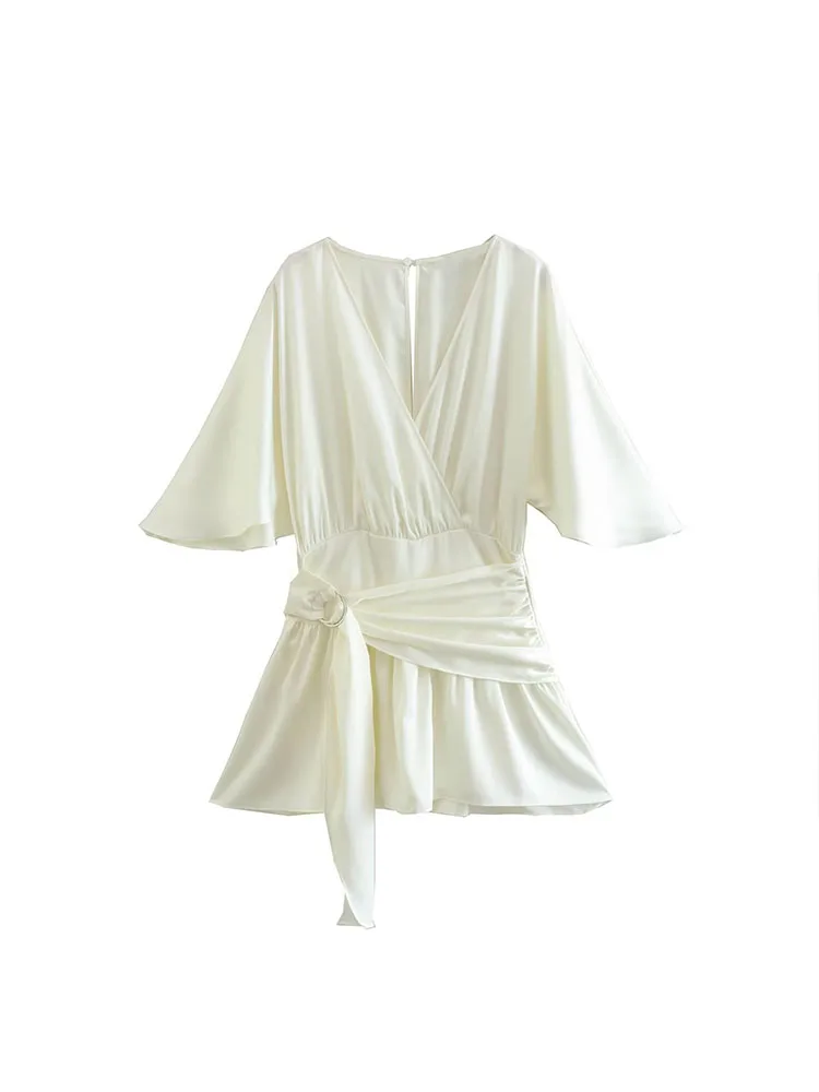 

Women 2022 New Chic Fashion silk satin texture short Siamese Skirt Vintage Short Sleeve Female Playsuits Mujer