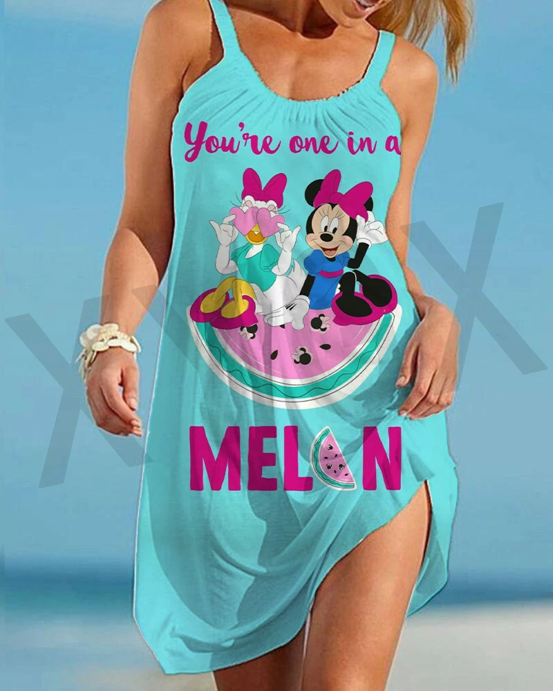 Summer Disney Mickey/Minnie Mouse Women's Loose Beach Dress Suspender Sexy Print Cartoon Sleeveless Stretch Camisole 2022 New