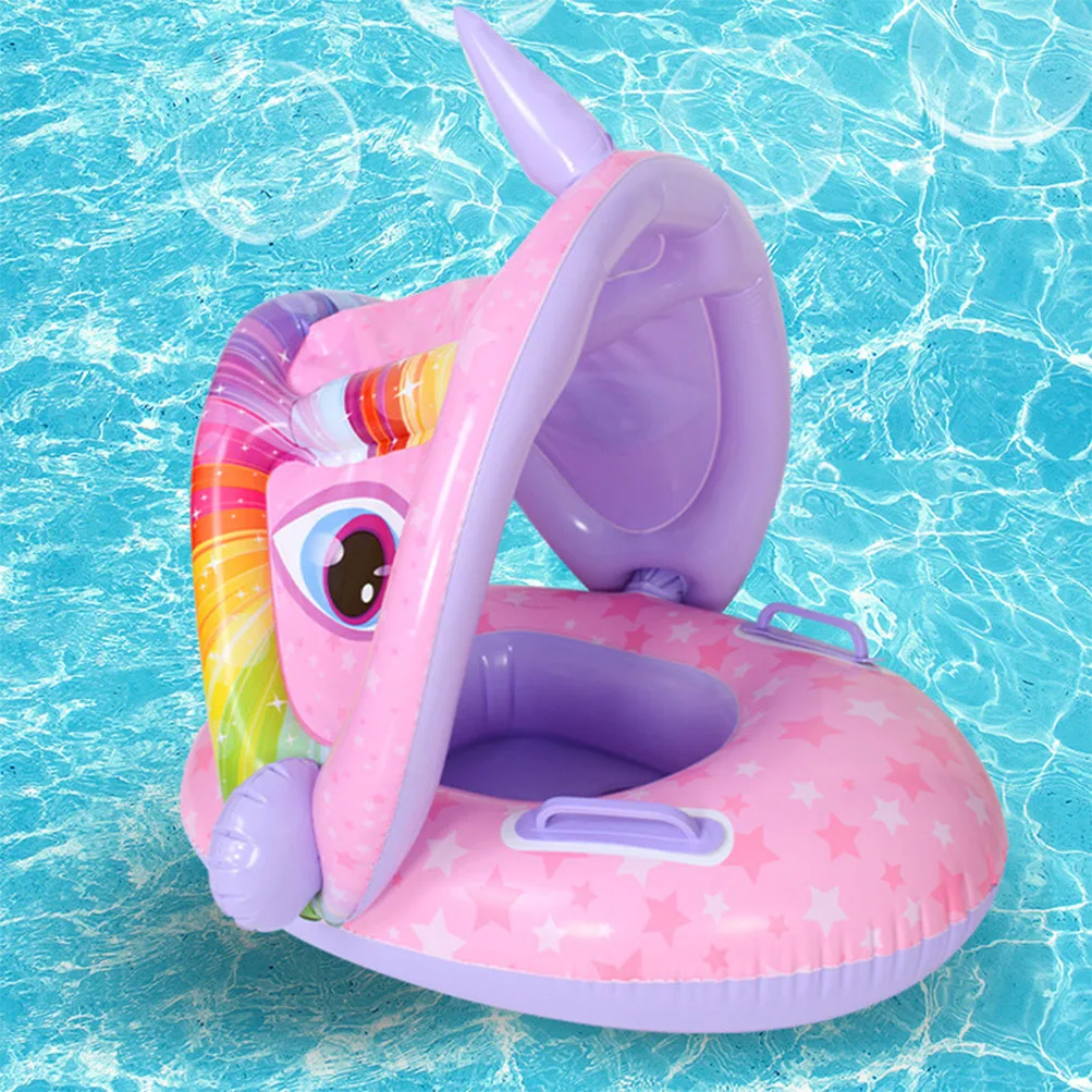 

Baby Inflatable Swim Ring Float Seat with Armrest Awning for Swimming Pool Bathtub Infant Cartoon Summer Water Game Playing Toy