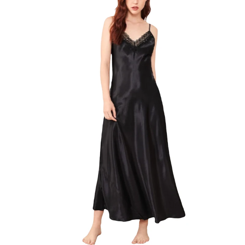 Satin Long Nightgowns for Women Silk Lace Chemise Sleepshirt Sexy Cami Sleeveless Full Slip Nightdress ZXSDA1