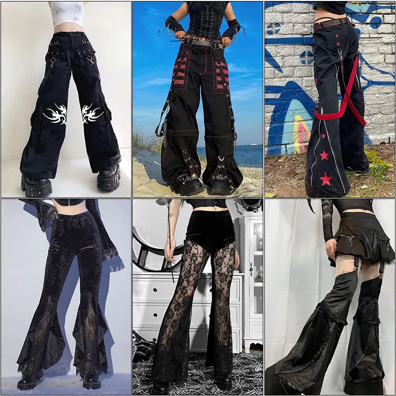 Gothic Emo Alt Women Pants Techwear Hippie Baggy Trousers Mom Goth Punk Black Cargo Pants Cyber Y2k Pants Academic Dark Clothes