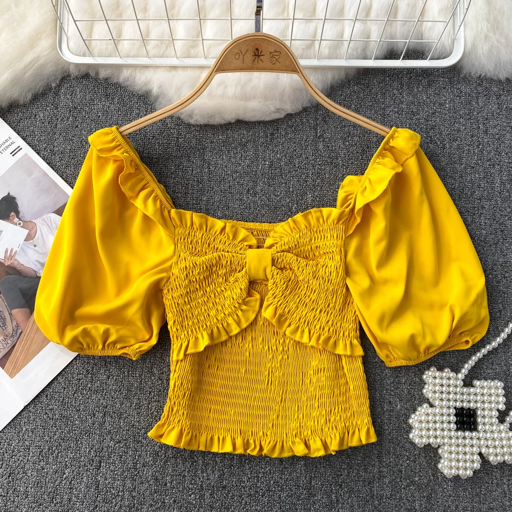 

Летний облегающий пуловер с бантом и квадратным вырезом и открытым воротником, короткий топ