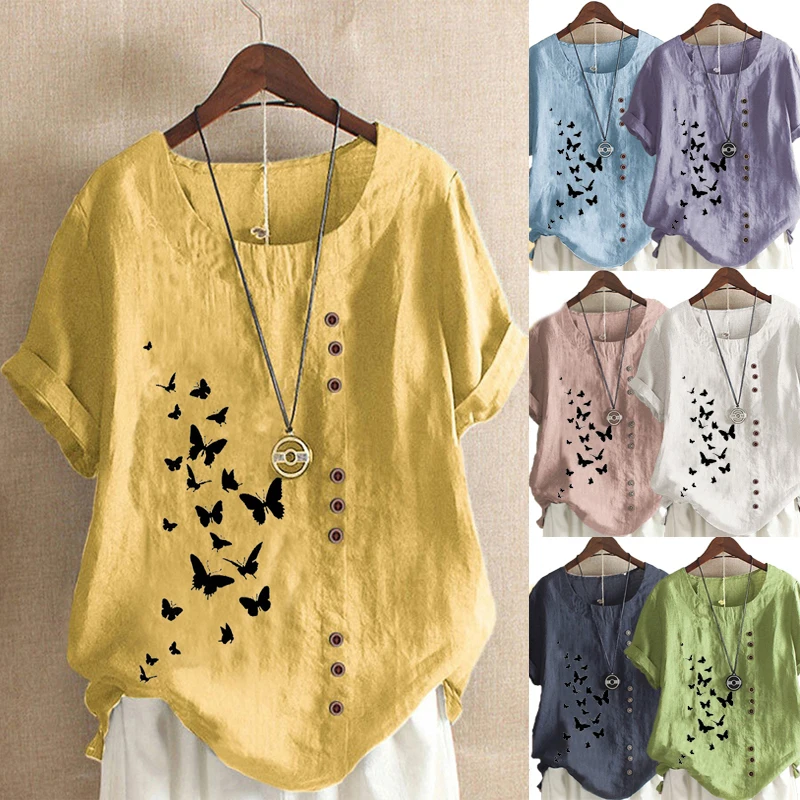 Women's Summer New Fashion Casual Linen Shirt Round Neck Butterfly Printed T-shirt Short Sleeve Tops Loose Blouse Ropa de Mujer