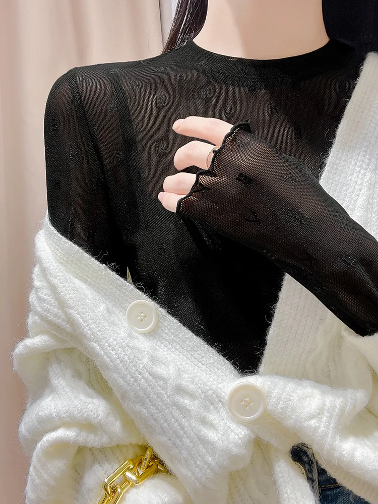 2023 Summer Women Golf Sunscreen with long sleeves and ultra-thin ice silk bottoming shirt and round neck turtleneck top