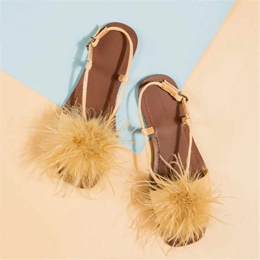 

Feather Women's Sandals Summer 2024 Fur Flat Shoes Ladies Bohemia Beach Slippers Square Toe Casual Gladiator Sandalias Mujer