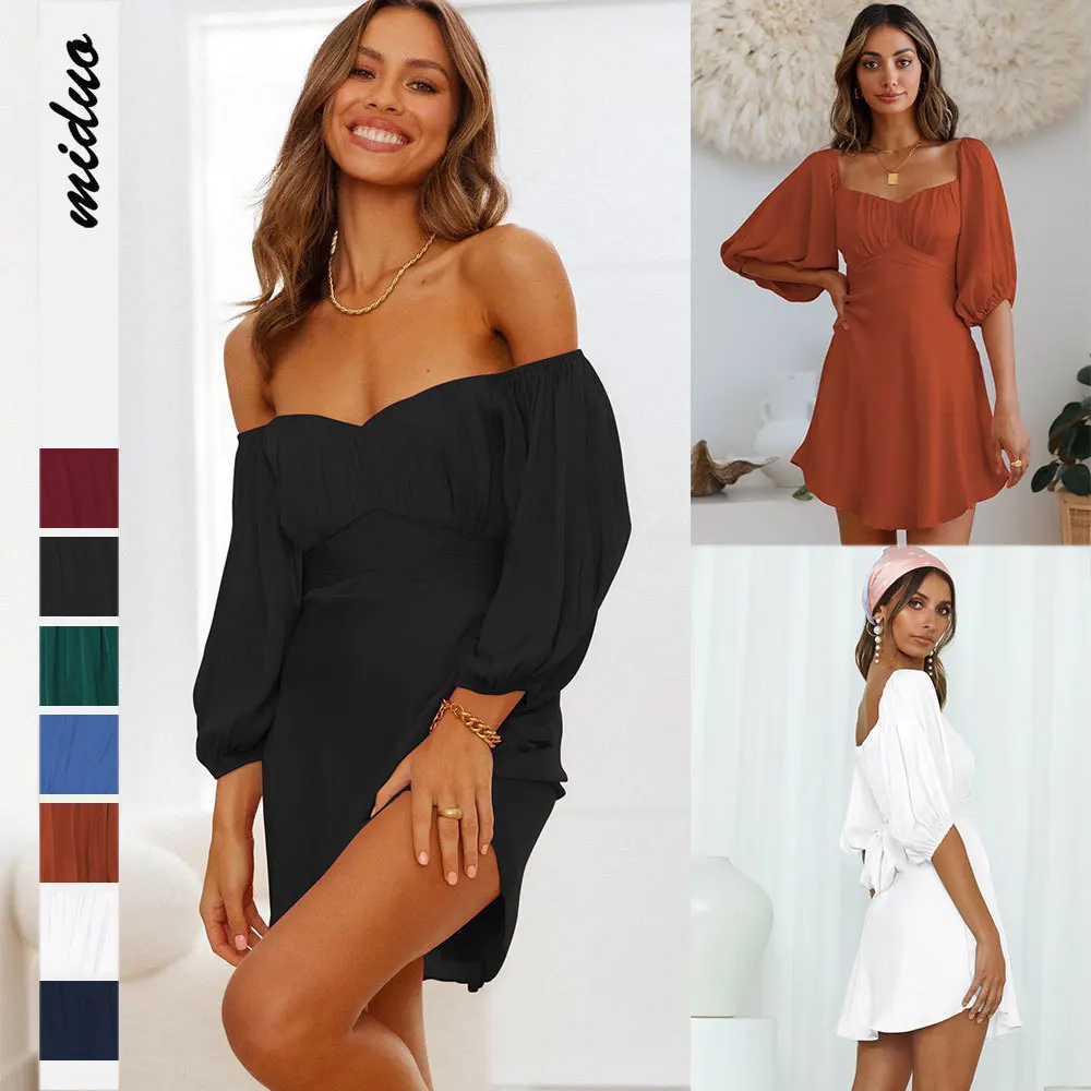 

New Casual Dresses for Women 2022 Summer Fashion One Word Collar Sexy Lantern Sleeve Dress Square Collar Two Wear Midi Dress