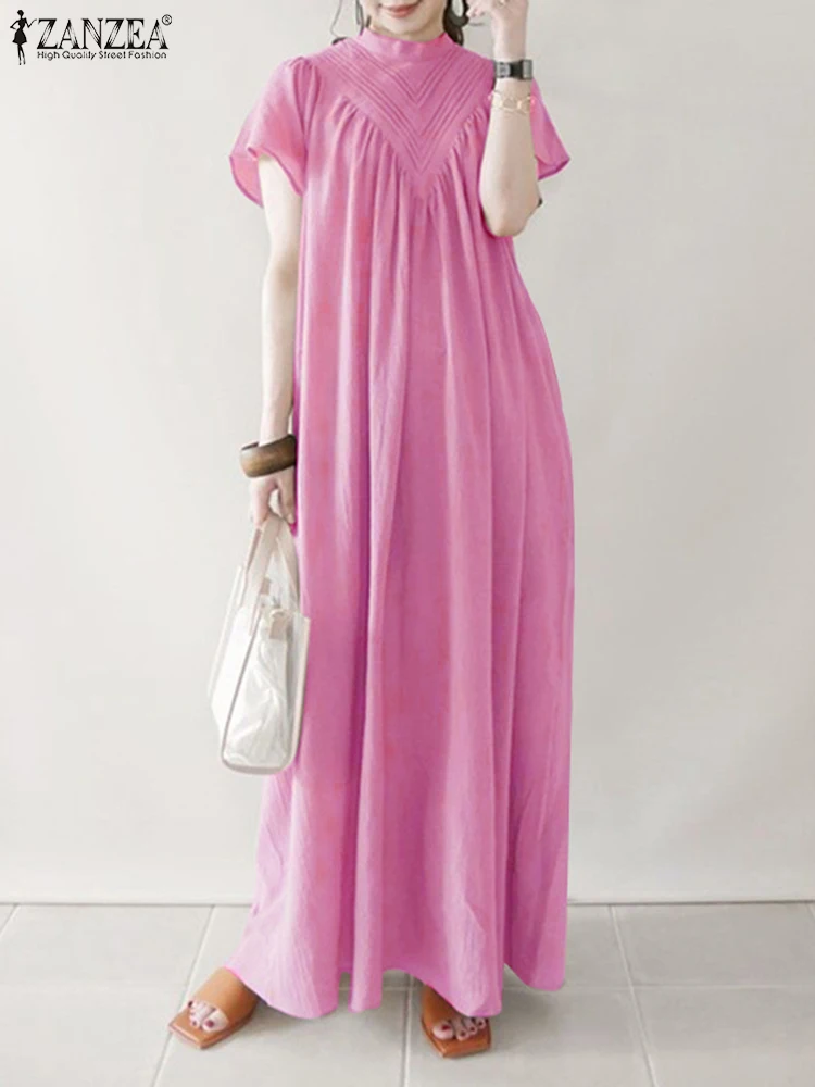 

Oversized Women Summer Sundress ZANZEA Fashion Elegant Stand Neck Short Sleeve Maxi Long Dress Vinntage Solid Vestido Robe Femme